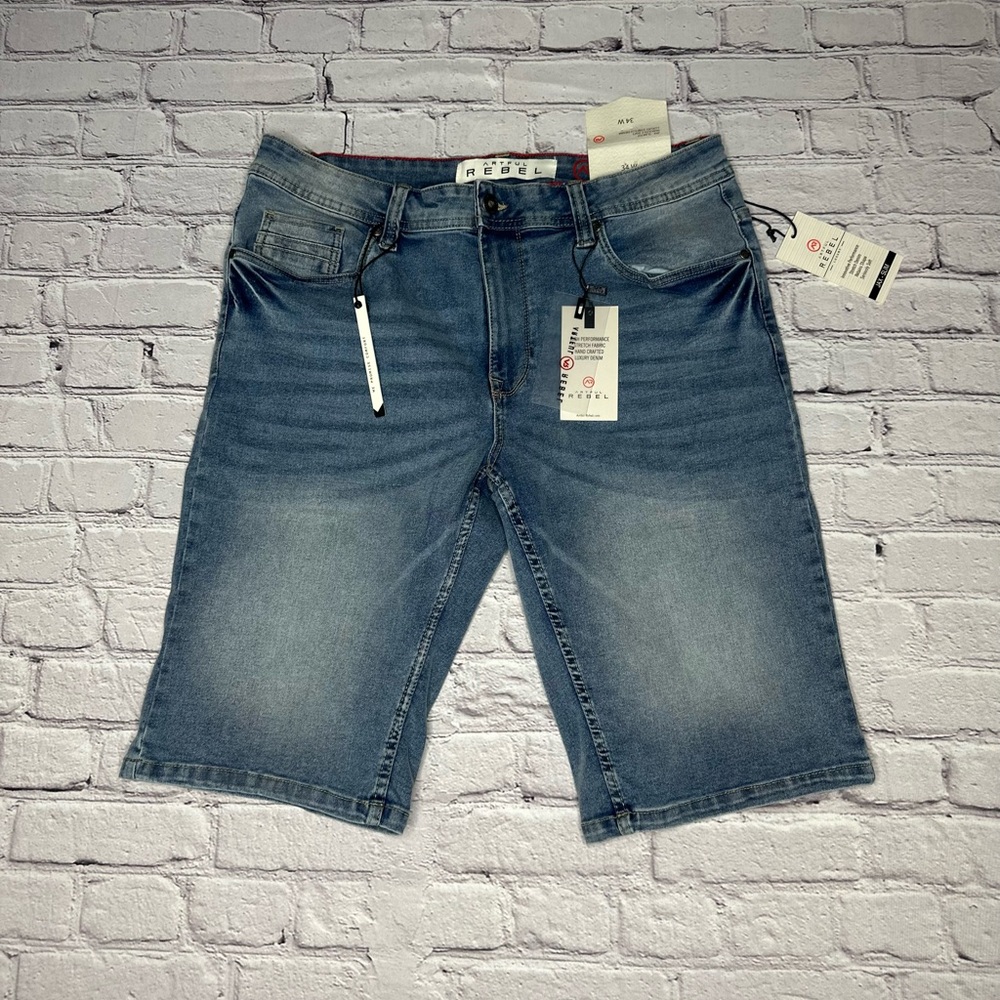 Artful Rebel Jean Shorts Mens 34W Denim Blue Slim Fit Jax Stretch Super Soft NWT